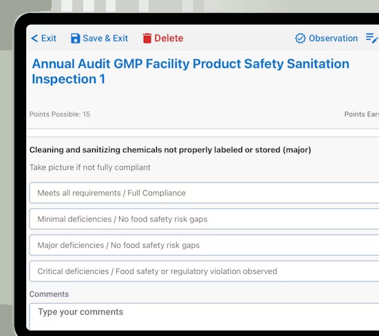 Audit inspection form displayed on an external device