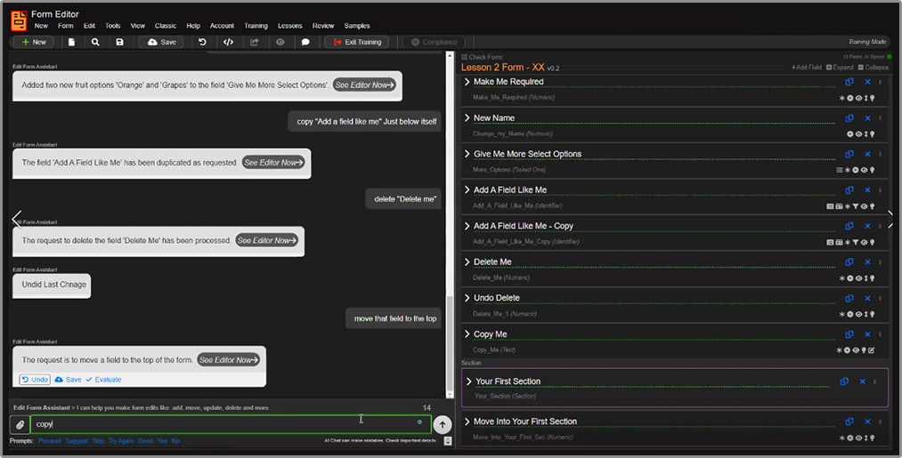 AI Form Builder conversational assistant and live form editor prototype
