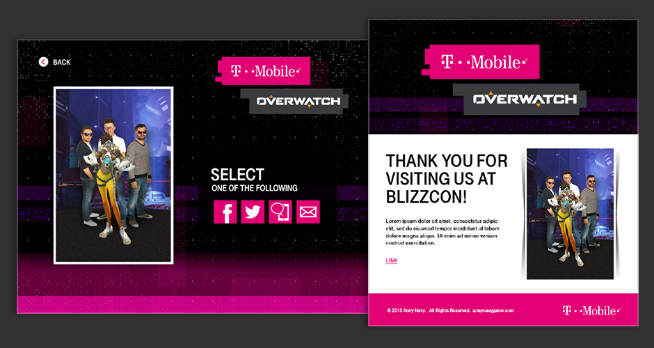 T-Mobile BlizzCon Overwatch hero selection and victory pose sharing screens