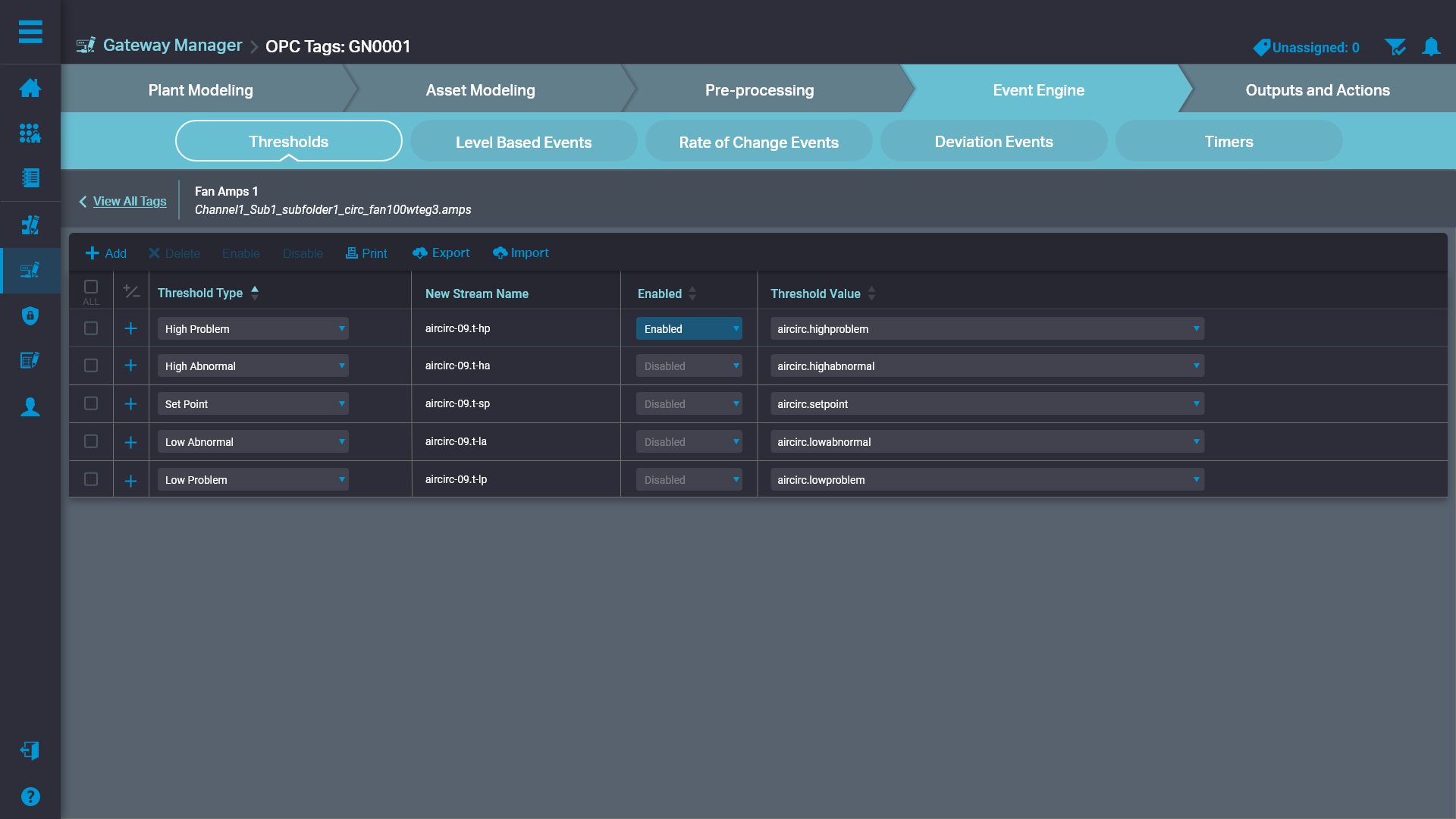 Plex Industrial IoT threshold configuration screen