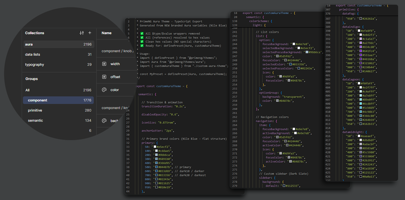 Figma variable collections for primitive, semantic, and component tokens beside the generated TypeScript theme configuration