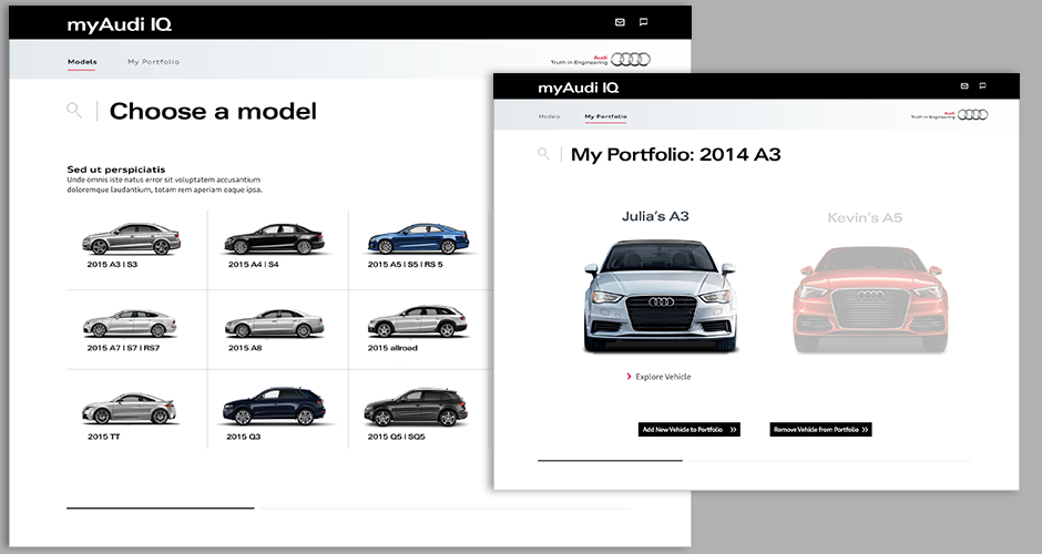 myAudi IQ model selection and vehicle detail screens